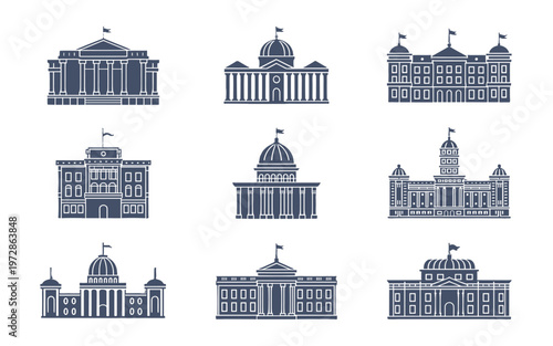 Architectural illustrations of various government buildings.