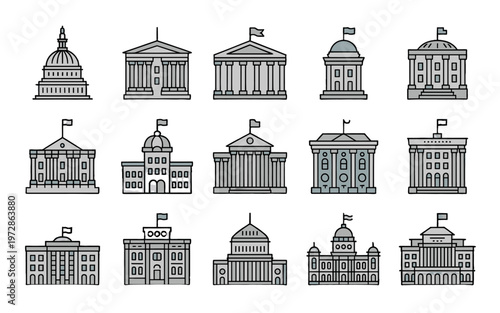 Diverse collection of government building icons and illustration set.
