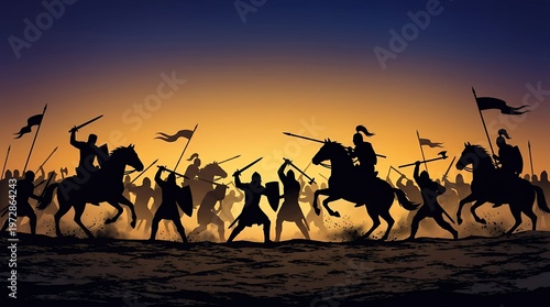 Epic medieval battle scene with knights on horseback and soldiers with flags at sunset