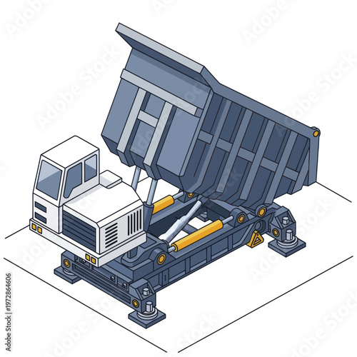Heavy-duty dump truck on a hydraulic lifting platform.