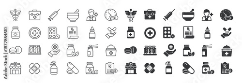 Pharmacy thin line and solid icon set. Multi series icon collection. Web minimal icons