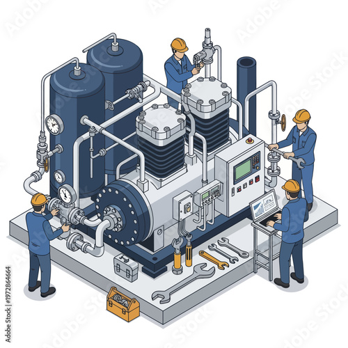 Industrial air compressor maintenance by skilled technicians.