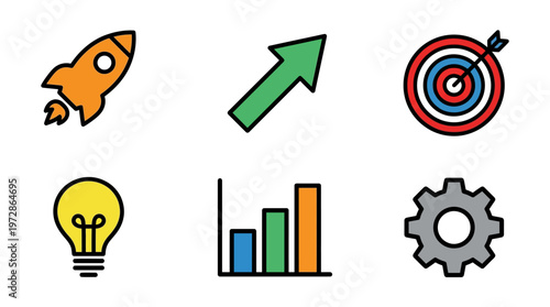 Business growth and strategy icons including a rocket, green arrow, target, light bulb, bar chart, and gear