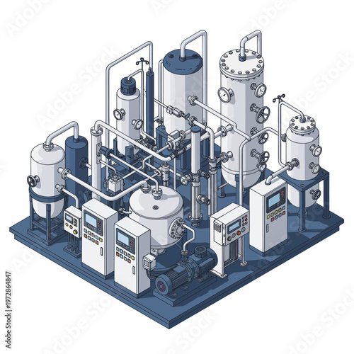 Industrial Chemical Processing Plant Equipment Illustration.