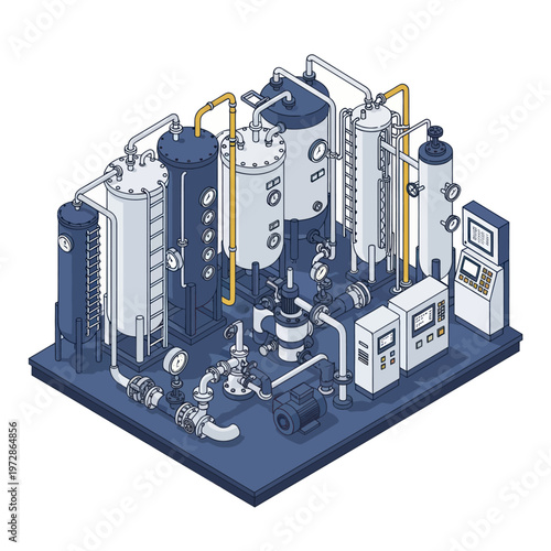 Industrial Chemical Processing Plant Equipment Illustration.