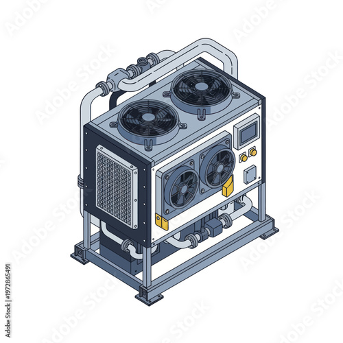 Industrial Cooling Unit with Fans and Pipes.
