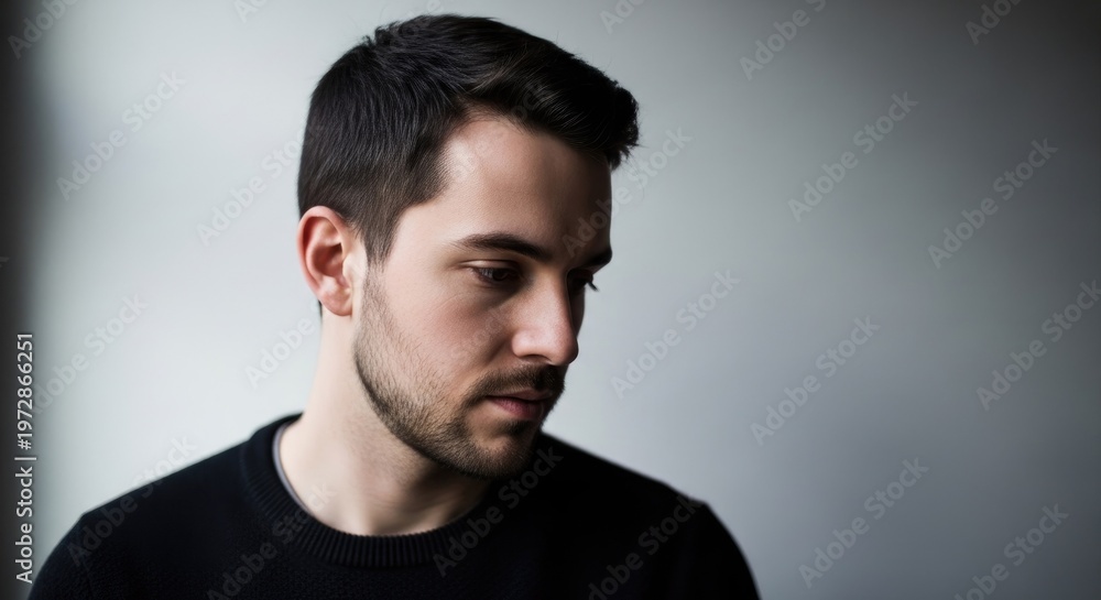 Obraz premium A man with short dark hair and a beard, wearing a black turtleneck, looking downward with a serious expression. The background is a plain, neutral gray, suggesting a studio setting.