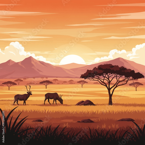 Vector illustration of an African savanna landscape at sunset with antelopes grazing near an acacia tree, silhouette mountains, and a large sun in a warm orange and yellow sky.