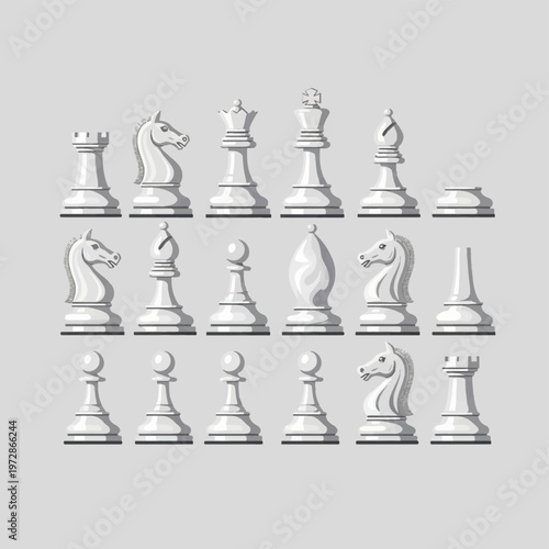 Set of sixteen white chess pieces including king queen bishop knight rook and pawn figures isolated on a neutral background rendered in a professional flat vector illustration style.