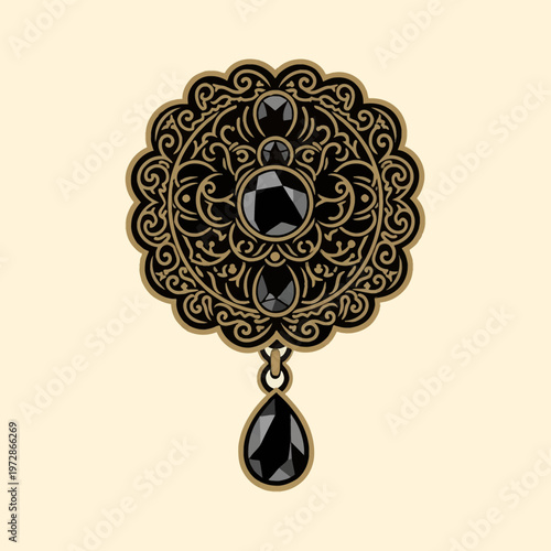 Antique vector illustration of a circular brooch with intricate gold filigree scrollwork, featuring faceted black gemstones and a hanging teardrop-shaped onyx pendant.