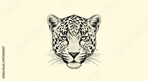 Symmetrical black and white line art illustration of a leopard head featuring intricate spot patterns and intense facial expression, isolated on a light background for mascot design.