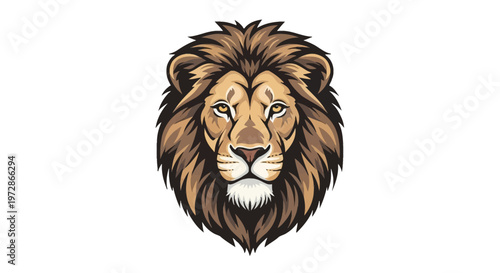 Frontal vector illustration of a male lion head with a thick brown mane, amber eyes, and detailed facial shading, isolated on white background for mascot or brand identity.