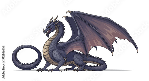 Detailed vector illustration of a mythical dark purple dragon with large spread wings, sharp claws, and scales, isolated on a white background, featuring a curved tail and horns.