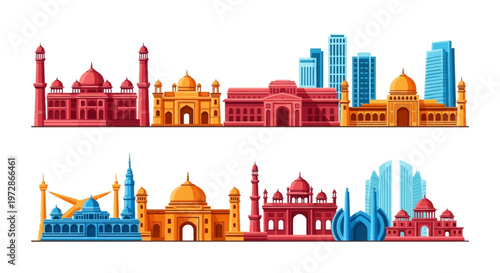 Vector illustration set featuring New Delhi city landmarks, including historical Mughal architecture like the Red Fort and Jama Masjid alongside modern skyscrapers and monuments.