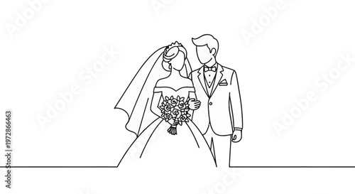 Continuous line drawing of a bride and groom standing together. The bride wears a wedding gown, veil, and holds a flower bouquet. The groom wears a formal tuxedo with a bow tie.