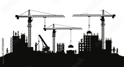 Black silhouette of an active industrial construction site featuring tower cranes, mobile crane, unfinished buildings, and laborers working, isolated on white background.