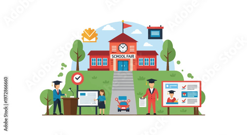 Flat vector illustration of a school fair at a red academy building with a clock tower, featuring graduates in academic regalia, informational boards, and a student on a campus.