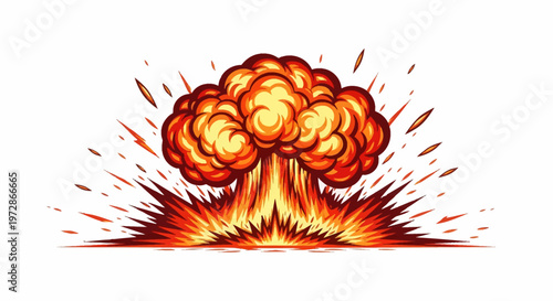 Vector illustration of a powerful comic book style explosion featuring orange and yellow fire clouds and a mushroom cloud effect isolated on a white background with red shards.