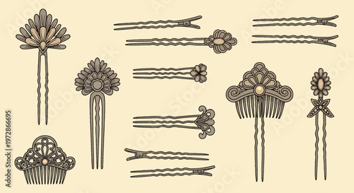 Collection of vintage decorative hair accessories featuring Art Deco style hairpins, ornamental combs, and patterned metal clips with fan and floral motifs in bronze tones.