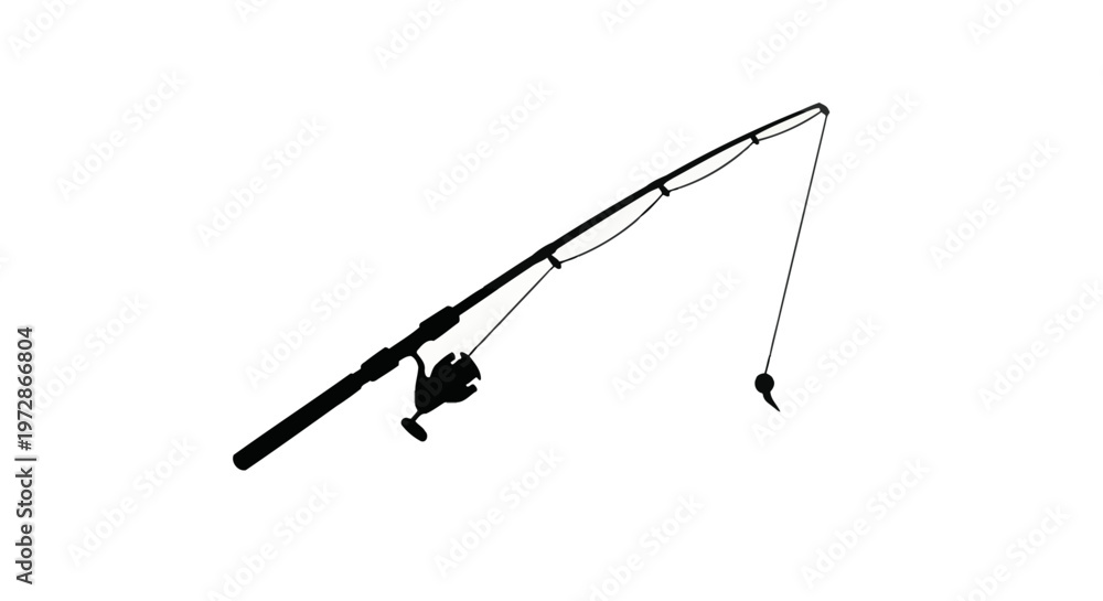 Fototapeta premium Black silhouette of a fishing rod with a spinning reel, line, and lure hook, isolated on a white background. Detailed angling equipment for freshwater or saltwater sport fishing.