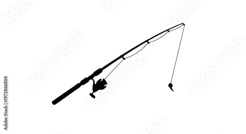 Black silhouette of a fishing rod with a spinning reel, line, and lure hook, isolated on a white background. Detailed angling equipment for freshwater or saltwater sport fishing.