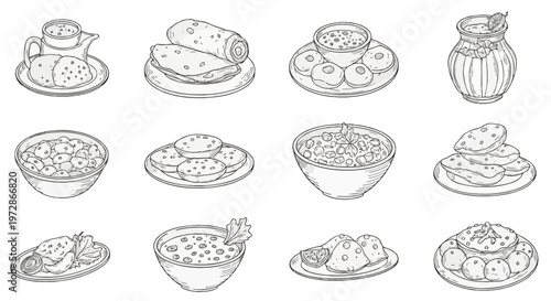 Set of twelve hand-drawn line art illustrations of traditional Indian food including samosa, dosa, dal, curry, lassi, and appetizers, isolated vector sketches on a white background.