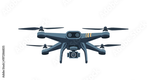 Modern quadcopter drone vector illustration with high-definition gimbal camera and landing gear, isolated on white background, featuring four rotors and aerodynamic dark grey body.