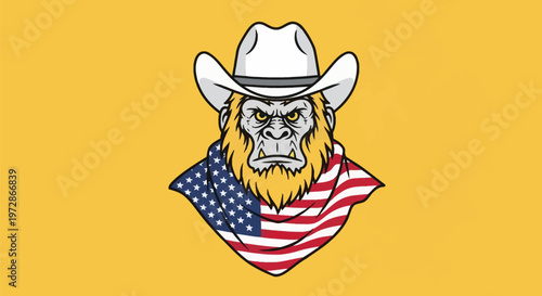 Vector illustration of a grumpy sasquatch bigfoot character wearing a white cowboy hat and an American flag bandana scarf around its neck, isolated on a solid yellow background.