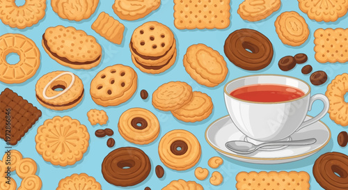 Flat vector illustration of assorted biscuits, chocolate cookies and crackers with a white porcelain tea cup and silver spoon on a light blue background, including coffee beans.
