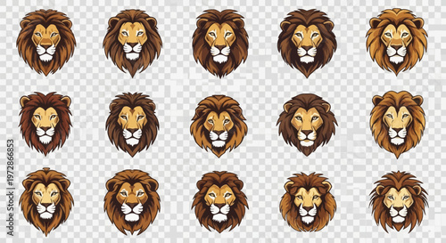 Set of fifteen male lion head illustrations featuring detailed manes and frontal portraits, designed as vector icons for logos, mascots, and wildlife-themed graphic design projects.