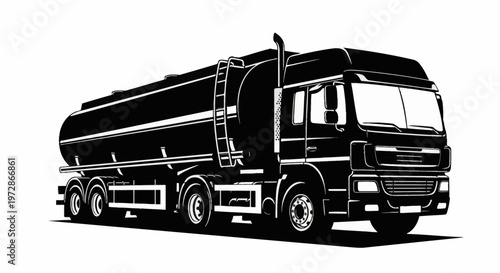 Black and white vector illustration of a heavy-duty fuel tanker truck for liquid transport, featuring a large cylindrical tank, side access ladder, and detailed semi-trailer cabin.