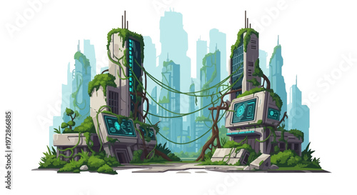 Post-apocalyptic futuristic city ruins overgrown with lush green vines and vegetation, featuring crumbling skyscrapers and glowing blue digital screens in a vector illustration style.