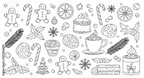 Set of vector line art illustrations of Christmas holiday treats, featuring gingerbread men, candy canes, hot cocoa with marshmallows, holly leaves, pine branches and snowflakes.