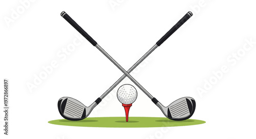 Vector illustration of two crossed golf clubs with metallic driver heads and black grips positioned behind a white dimpled golf ball resting on a red tee over a patch of green grass.