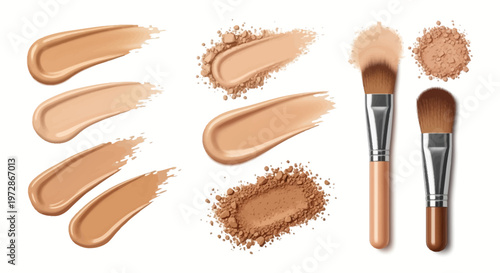 Cosmetic set featuring liquid foundation smears in various skin tones, crushed face powder textures, and two makeup brushes isolated on a white background for beauty design.