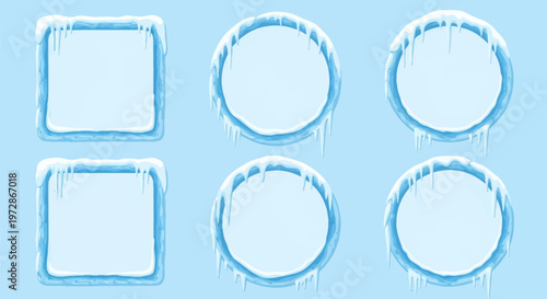 Set of square and round frozen ice frames with snow caps and hanging icicles on light blue background. Decorative winter borders and cartoon icy frames for game UI and graphic design.
