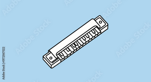 Isometric line art vector illustration of a harmonica mouth organ featuring a piano keyboard pattern on the comb, stylized minimalist outline icon for music equipment.
