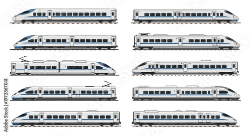 Collection of ten modern high-speed bullet train illustrations in side view profile. Featuring white and blue aerodynamic passenger rail cars on tracks isolated on white background.