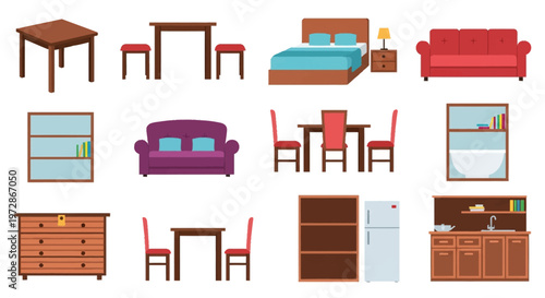 Flat vector illustration set of modern home furniture icons including sofas, bed with nightstand, dining tables, chairs, dresser, bookshelf, refrigerator, and kitchen cabinet on white.