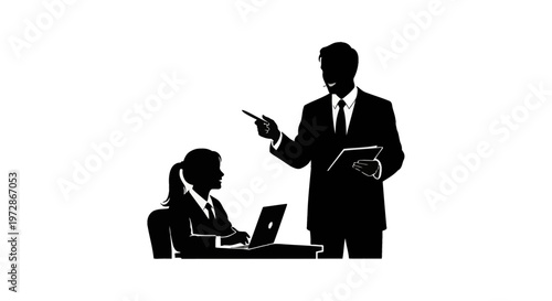 Black silhouette of a male professor or manager in a suit gesturing and lecturing to a female student or employee seated at a desk using a laptop on a white background.