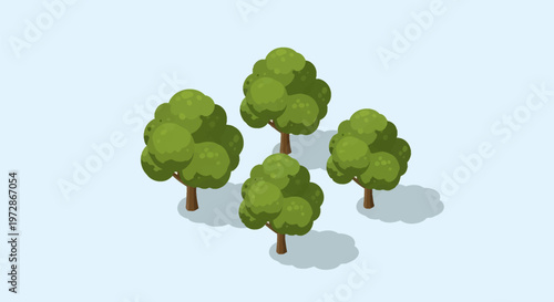 Set of four stylized green deciduous trees with rounded canopies and brown trunks shown in an axonometric perspective with soft shadows on a light blue background for design.