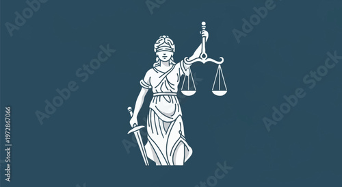 White vector illustration of Lady Justice wearing a blindfold, holding a balance scale and a sword, depicted in a flat graphic style against a solid dark teal background.