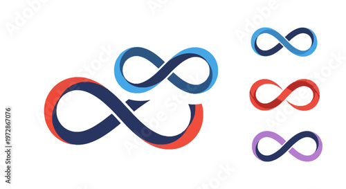 Set of four infinity symbol icons featuring a three-dimensional ribbon design with gradients. Collection includes dark blue, light blue, red, and purple variations on white.