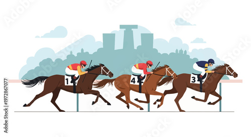 Vector illustration of three thoroughbred racehorses with jockeys in numbered silks competing on a racetrack with a city skyline and clouds in the background on a white base.