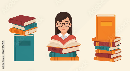 Vector illustration of a young woman wearing glasses reading an open book, flanked by vertical stacks of colorful hardcover books on a plain cream background for education concept.