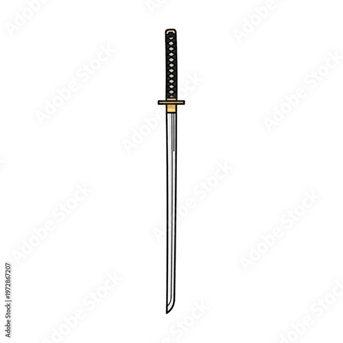 Japanese samurai katana sword illustration featuring a long silver steel blade, gold handguard tsuba, and black hilt with cross-hatched grip, isolated on a white background.