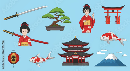 Vector illustration set of traditional Japanese symbols featuring a katana, bonsai tree, geisha in red kimono, torii gate, koi carp, pagoda, paper lantern, and Mount Fuji.