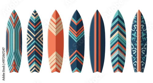 A set of seven vector surfboard illustrations featuring various colorful geometric patterns including chevrons, stripes, and decorative motifs, isolated on a plain white background.