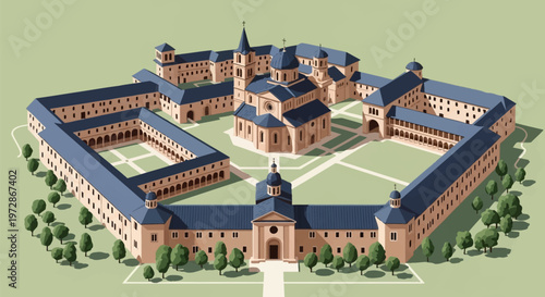 Detailed isometric vector illustration of a historic monastery complex featuring a central domed cathedral church, surrounding stone buildings, arched cloisters, and courtyards.