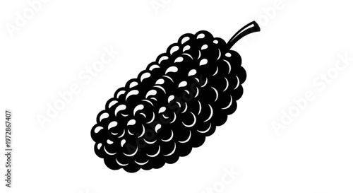 Single mulberry fruit silhouette, black and white minimalist vector illustration featuring a detailed berry with stem, isolated on a white background for graphic design and icons.